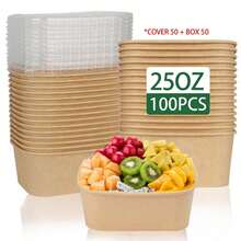 100/40/20 个装 17 盎司方形一次性牛皮纸午餐盒，带盖，多用途沙拉盒，翻盖设计，无涂层，可微波炉加热 - 适用于餐饮服务、居家露营和户外用餐、备餐、食品储存、微波炉适用 - 午餐盒，家庭厨师 - 17盎司 - 查看 16