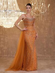 Elegant Sexy Mermaid Lace Trim Strapless Sequin Beaded Bodycon Maxi Dress - Orange - View 6