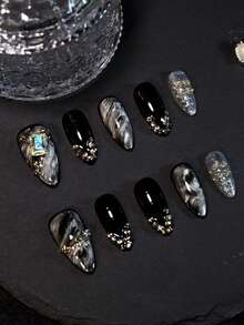 10片装美甲贴纸，杏仁形渐变黑色手工美甲贴纸，法式水钻Y2K甜美性感风格，适合日常佩戴、派对、新年、情人节等场合。此美甲套装包含1瓶甲油胶、1个迷你指甲锉和一套手工美甲贴纸。 - 彩色 - 查看 1