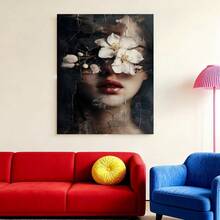 Cuadro 2D plano JIT1pc, arte en lienzo 2D plano, con una mujer rodeada de diseños florales en un estilo surrealista texturizado, viene enmarcado y listo para colgar, perfecto para decorar salas de estar, dormitorios, oficinas y hogares - Enmarcado - Ver 2