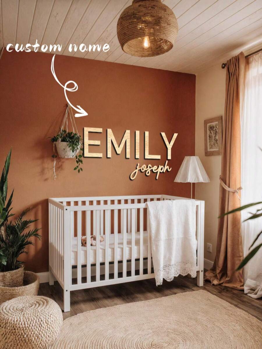 1件定制木质姓名牌，定制木质婴儿房姓名牌，宽度10-120厘米（4-48英寸），字体颜色可选，3D效果，简约时尚可爱波西米亚风格，房间装饰，定制木质字母，定制木质标牌，婚礼字母装饰，定制字母墙面装饰，定制派对装饰，适用于家居装饰、墙面装饰、卧室、客厅、派对、婚礼装饰