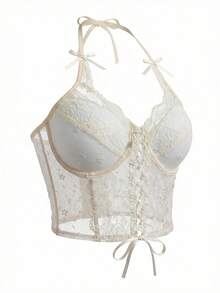 Ballerina Style Lace Padded Camisole Top, Slim Fit Retro Luxury Sexy Spaghetti Strap Bowknot Cami Top For Women Casual - Apricot - View 7