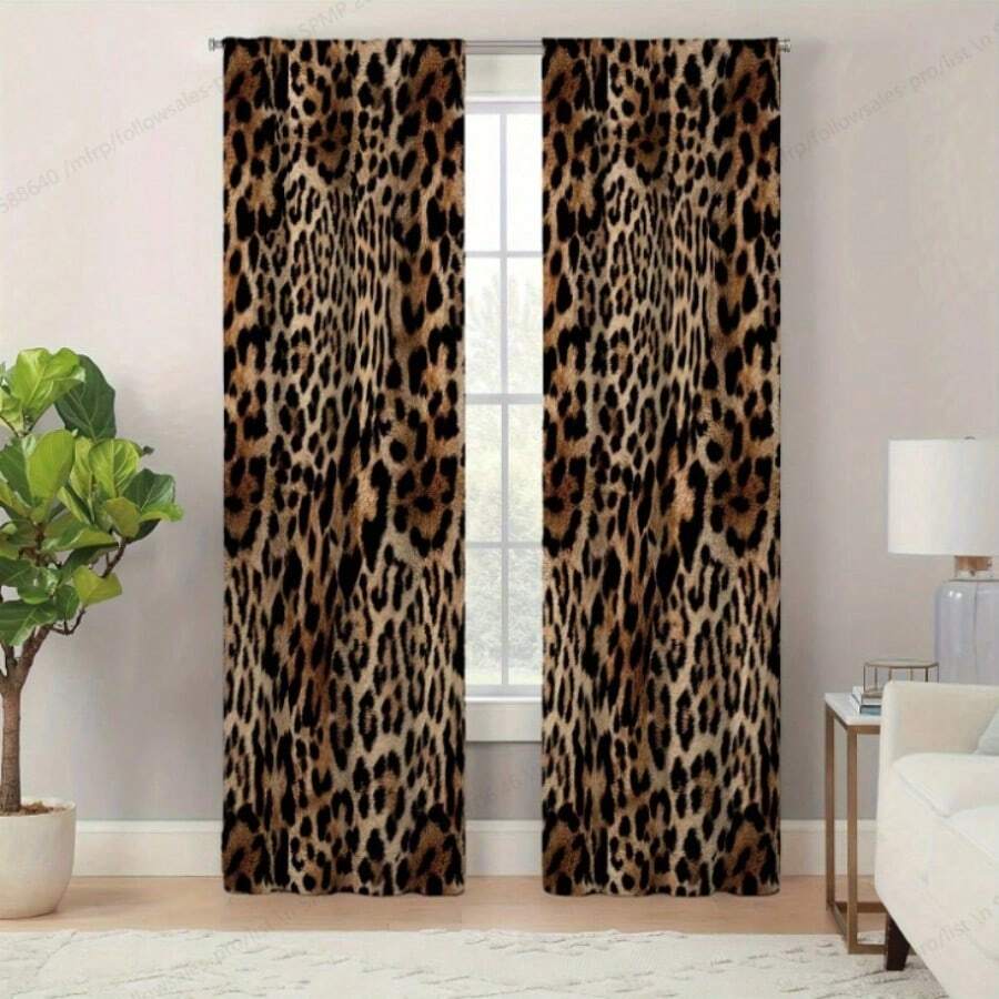 2片豹纹窗帘，适合客厅和卧室的现代风格窗帘 - 彩色 - 查看 1