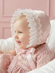 1pc Royal Style Pink Shiny Fabric Baby Bonnet, 0-3M 3-6M Months, Pink Satin Cotton - 1PC - View 3