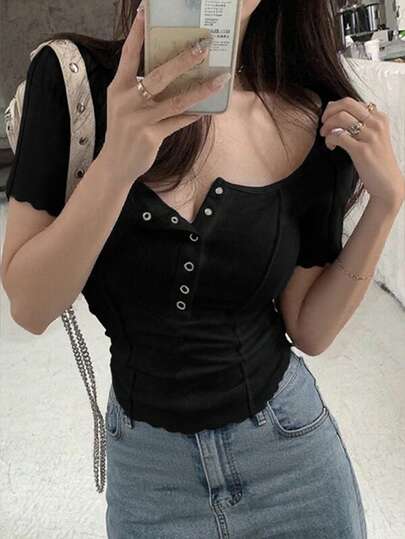 女士纯色方领短袖修身荷叶边休闲T恤，春夏款