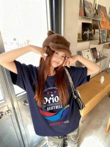 Women's Summer Beer Print Japanese Text Round Neck Casual Versatile Graphic Short Sleeve T-Shirt, Fashionable - Navy Blue - View 3