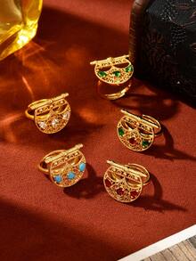 1pc Vintage Bohemian Style Hollow Moon Zirconia Copper Plated Gold Adjustable Ring, Women's Daily, Holiday, Gift Accessory - Multicolor - View 3