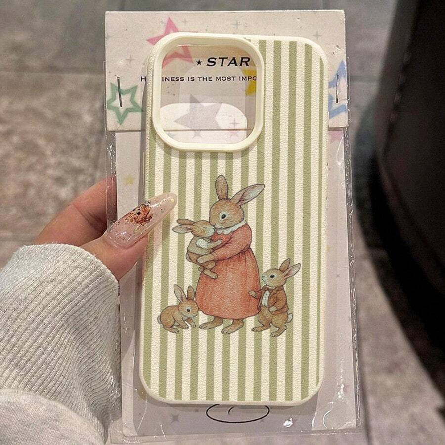 1pc TPU Material Cute Rabbit Family Striped Pattern Phone Case Compatible With Apple 17 Pro Max/17/16 Pro Max/15/13/12/11, S20 FE/A15/S24/A55, Compatible With Redmi Note 11/Note 12/Note 13 Pro, Full Coverage Anti-Drop Soft Protective Phone Cover - White - View 1