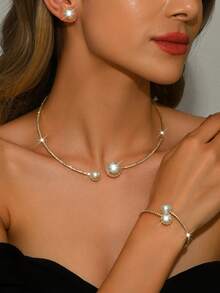 Shiny Gold Faux Pearl Jewelry Set, Elegant Crystal Necklace, Bracelet And Stackable Rings, Suitable For Date Night, Anniversary, Birthday Gift - 1318 Gold - View 2