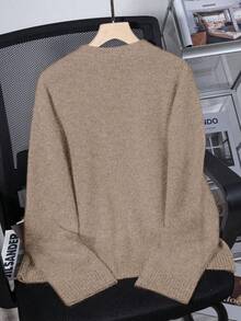 Jersey de punto casual de cuello redondo gris para mujer - Camel - Ver 4