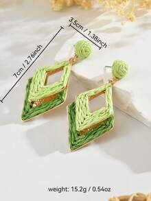 1 Pair Versatile Boho Style Handmade Woven Raffia Double-Layer Geometric Rhombus Earrings, Creative Exaggerated Colorful Raffia Geometric Earrings Suitable For Women's Daily, Vacation, Party Wear (Handwoven Technique Is Random, Handmade May Have Slight Glue Residue) - Green - View 5