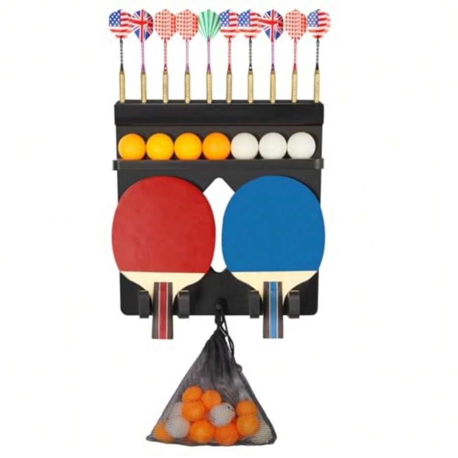 Ping Pong Paddle Holder Wall Mount Hold 8 Paddles Ping Pong Rack Dart Holder 2-in-1 100% Solid Wood Table Tennis Organizer Black - Negro - Ver 1