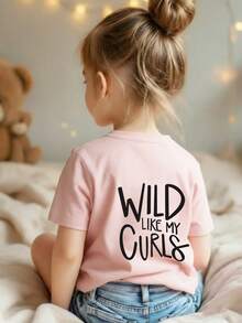 Young Girl Casual Graphic Print Crew Neck Short Sleeve T-Shirt, Summer Top - Pink - View 3