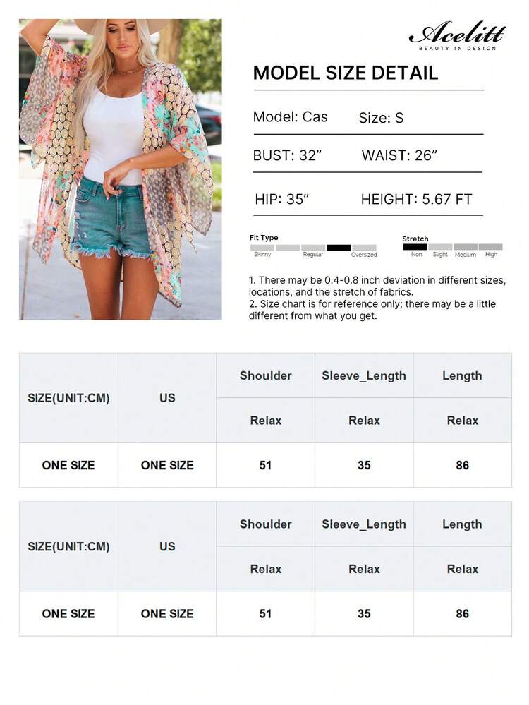 Acelitt Women's Bohemian Style Polka Dot Print Batwing Sleeve Loose Casual Kimono Jacket, Suitable For Travel, Beach, Vacation In Summer - Multicolor - View 5