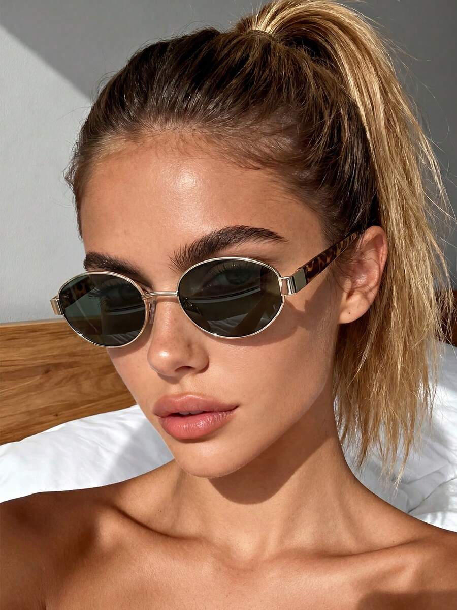 1 unisex retrometallische ovale modische Brillen, Leopardenmuster Bügel Design, geeignet als Reise- und Strandaccessoire - Gold - Übersicht 1