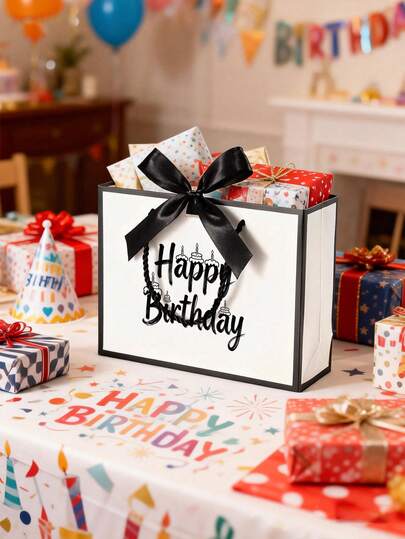 Happy Birthday Gift Bag, Black & White Fashion Birthday Gift Bag With Bow, Foldable Lightweight Shopping Tote Bag, Large Capacity Paper Gift Bag, Suitable For Friends, Sisters, Mothers, Grandmothers, Black & White Birthday Gift Bag, Party Favor