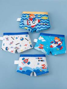 4pcs/Pack Boys' Astronaut & Rocket Print Boxer Briefs - Blue and White - View 1