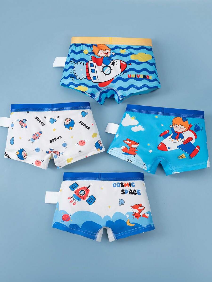 4pcs/Pack Boys' Astronaut & Rocket Print Boxer Briefs - Blue and White - View 1