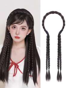 1pc Headband With Fake Braided Hair, Invisible Fishbone Braid Headband, High Crown Hair Clip Ponytail Accessory - Multicolor - View 9