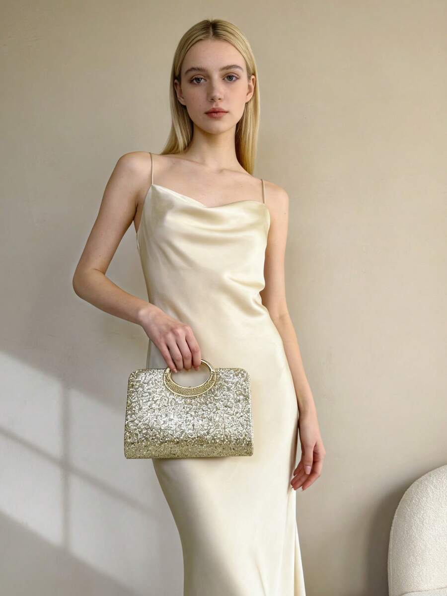 Women's Sequin Evening Clutch Bag, Sparkling Sequin Decor Square Handbag With Round Handle, Glamorous Shiny Tote Bag, Ideal For Pairing With Evening Gowns, Dresses, Cocktail Dresses For Formal Events, Parties, Weddings, Galas, An Excellent Holiday Gift For Women