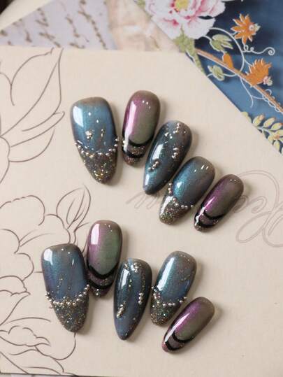 10 pièces Faux ongles acryliques à presser, ongles bleus longs style french manucure, production artisanale pure. Ensemble d'ongles longs à presser comprenant 1 feuille d'onglets adhésifs et 1 mini lime