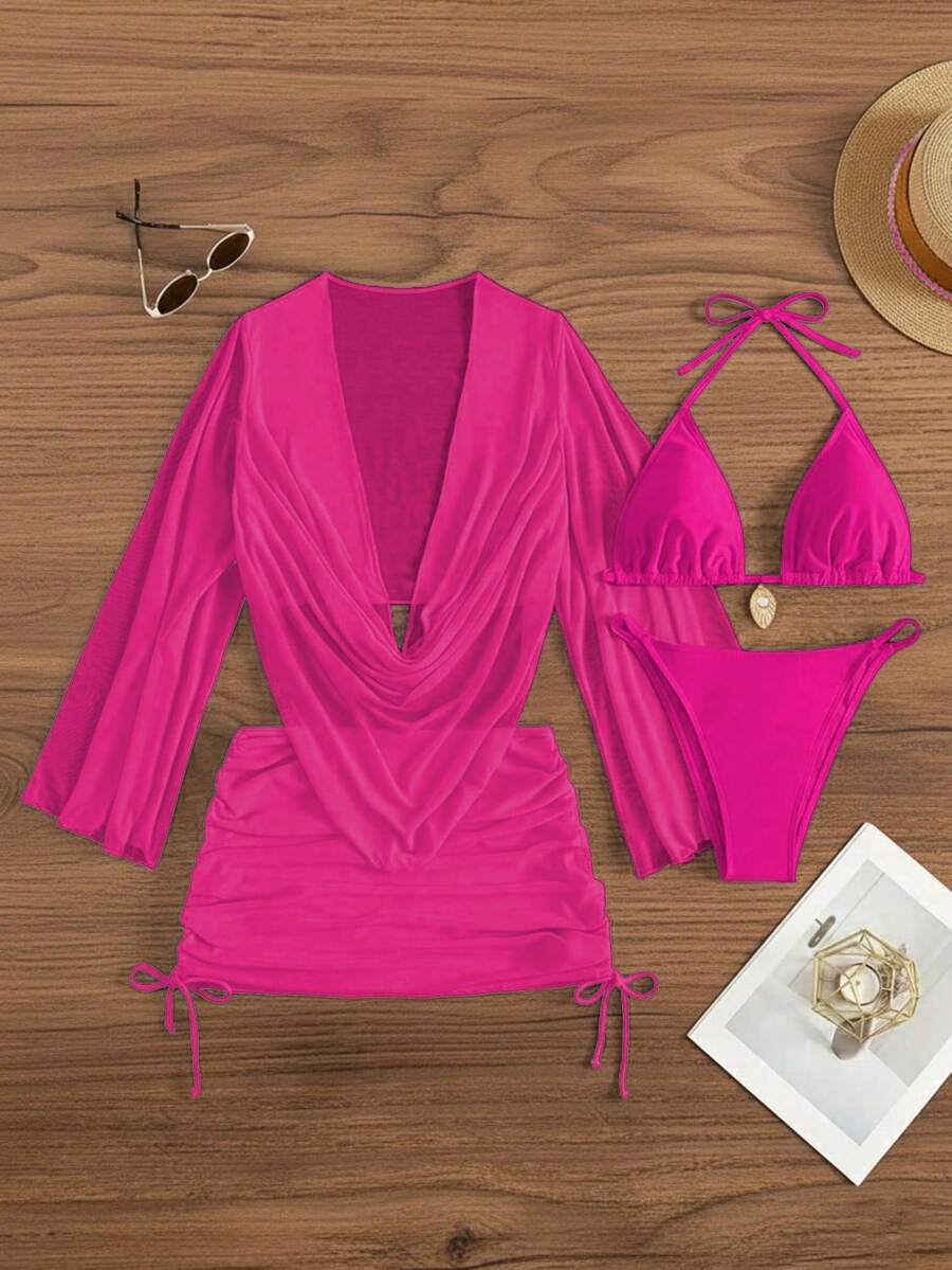 四件套性感纯色比基尼套装，含薄纱罩衫，完美适用于度假、海滩派对，也适合新年和情人节，优雅别致，春夏休闲女装。 - 玫紅色 - 查看 1
