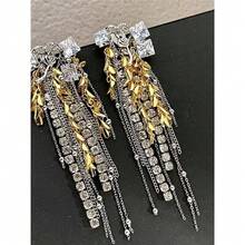 夸张的金色烟火风格麦穗流苏耳环，饰有花卉水晶拼接设计，镶满钻石的垂坠耳环 - 彩色 - 查看 3