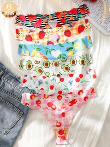 6条/包 情人节女士水果印花心形镂空设计舒适性感低腰丁字裤 - 彩色 - 查看 8