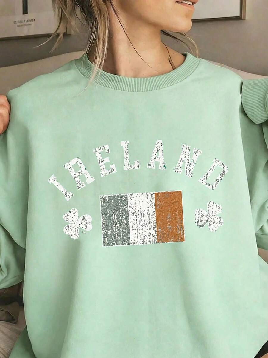 Women's Soft Casual Four-Leaf Clover & Letter Print Shirt - Crew Neck Long Sleeve T-Shirt, Irish St. Patrick's Day Crew Neck Sweatshirt - Light Green - View 1