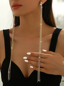 New In 2026 Sparkling Long Crystal Tassel Golden Earrings, Women's Exaggerated Long Chain Drop Earrings, Party & Night Event Theme Earring - Gold Earrings - View 14