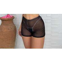 Short De Tule Transparente  Gringa Verão Saída De Praia Ano Novo Natal Piscina - Preto - Visão 1