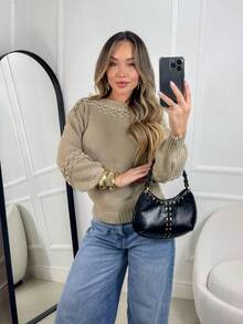 Women's Knit Blouse With Inverted Braid, Long Puff Sleeves, Ribbed Cuffs, Fashion Knitwear For Winter - Sand - View 6