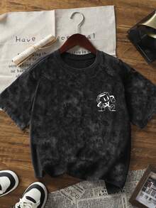 夏季新款休闲时尚卡通咖啡杯印花圆领扎染短袖T恤，时尚百搭女式上衣 - 黑色 - 查看 3