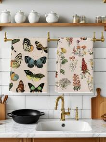 2Pcs Watercolor Butterfly Floral Farmhouse Kitchen Towels, Vintage European Farm Decor Dishcloths, Holiday Party Supplies, Hand Towels Suitable For Kitchen, Dining Room, And Dining Table - Multicolor - View 6