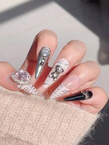 10pcs Y2K Chic Press-On Nails, Almond Shaped French Manicure, Metallic Punk Nail Stickers, Reusable Acrylic Nail Art Decals, Suitable For Party, Cosplay, Daily Wear - Includes Nail Glue And File Nail Supplies - Multicolor - View 5