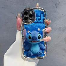 Official Disney Lilo & Stitch Cute Phone Case: 2D Flat 3D-Effect Stitch Half-Face Print, Chrome Wavy Frame & Pastel Color Block Background, Shockproof Protective Cover For IPhone 17, 16, 15, 14, 13, 12, And 11 Pro Models Made Of Durable TPU With Shockproof Protection Perfect Gift For Family, Friends, Birthdays, Spring Festival, Holidays, Boyfriends, Girlfriends, And Valentine's Day - 銀色 - 查看 4