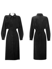 Women's Waist Tie Loose Top & Slim Fit Mid-Length Lapel Shirt Dress, Suitable For Daily Travel, Brunch, Tea Party, Commute, Airport Wear, Spring/Summer & Spring/Autumn Black Elegant - Black - View 6