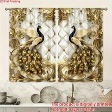 2pcs, Polyester Material, HD Digital Printing Golden Beautiful Peacock Pattern Print, Light Filtering Curtain, Suitable For Bedroom, Living Room, Office And Home Decoration, Pole Pocket Design, Suitable For Pole - Multicolor - View 2