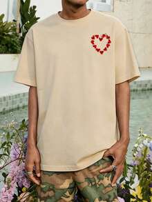 Fractyr Fractyr Men's Summer Fashion Minimalist Street Style Heart Print Round Neck Short Sleeve T-Shirt | Basic Casual Streetwear Boyfriend/Husband Gift - Apricot - View 2