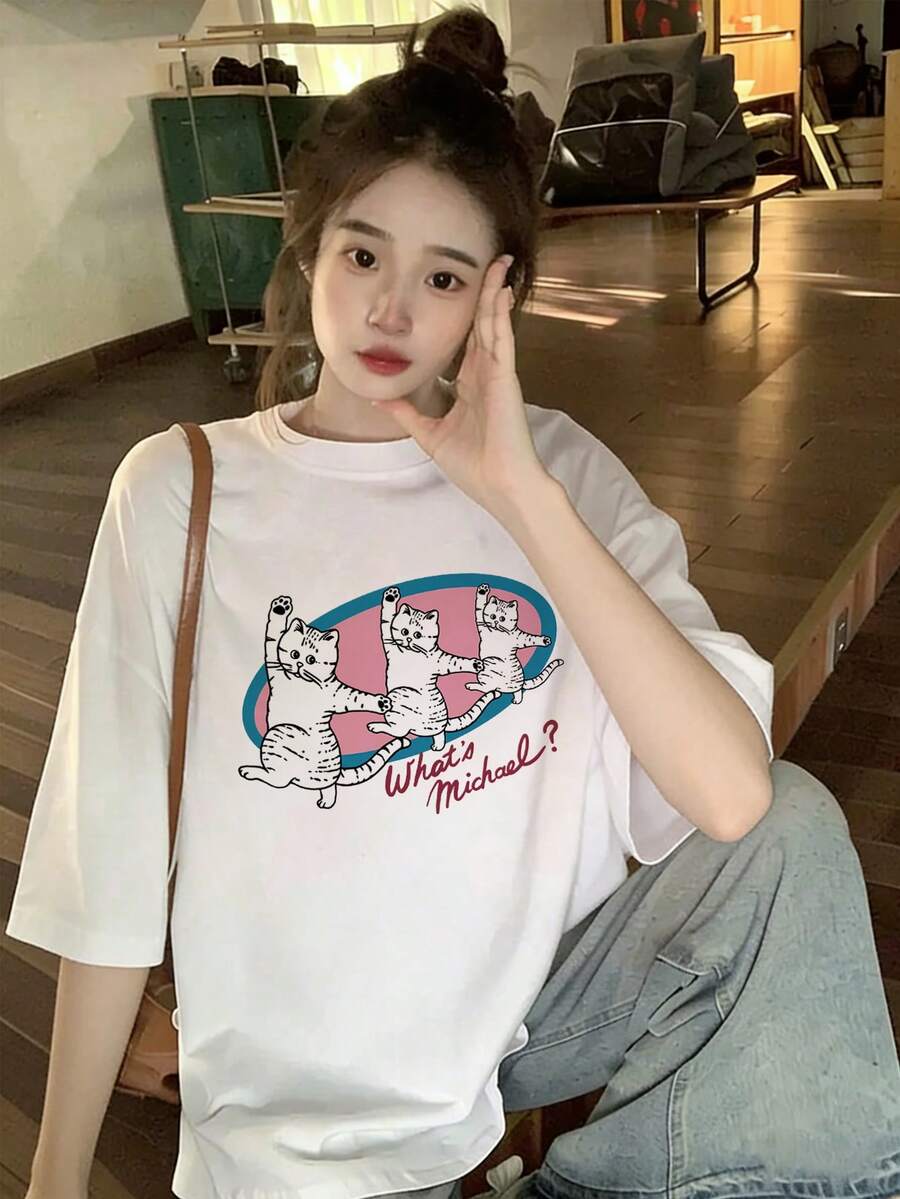 女士宽松圆领短袖字母猫咪印花T恤，春夏款 - 白色 - 查看 1