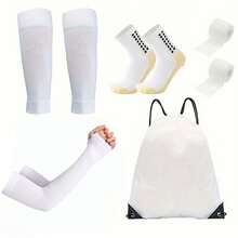 5pcs/Set: Soccer Mid-Calf Leg Warmers + UV Protection Arm Sleeves + Protective Leg Sleeves + Sports Straps + Drawstring Backpack, Unisex Professional Non-Slip Adhesive Leg Warmers For Soccer, Running And Outdoor Activities - Multicolor - View 16