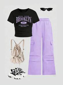 少女字母印花圆领长袖上衣和裤子套装 - 黑色 - 查看 1