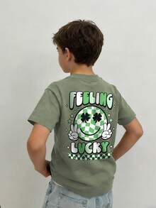 【圣帕特里克节】青少年男童学生休闲印花圆领短袖T恤，夏季上衣 - 橄欖綠 - 查看 8