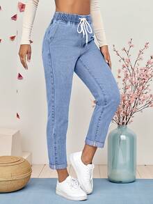 9635-1# Elastic Denim Cropped Pants, Casual & Versatile, Rolled Hem, Comfortable Elastic Waist With Drawstring, Denim Cropped Trousers Spring - Light Blue - View 4