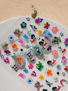 1张街头涂鸦卡通美甲贴纸，包含彩虹、太阳、爱心、花朵、星星、蜜蜂、鬼脸、趣味人物、蜗牛元素，色彩鲜艳，适合打造吸睛、独特、甜美又酷炫的美甲设计。 - 彩色 - 查看 2