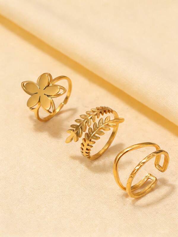 3pcs Minimalist Floral Leaf Design Rings, Stainless Steel Plated, Suitable For Women's Daily, Party And Holiday Outfits