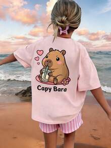 Tween Girls' Casual Pink Graphic Print Crew Neck Short Sleeve T-Shirt, Summer Top - Pink - View 1