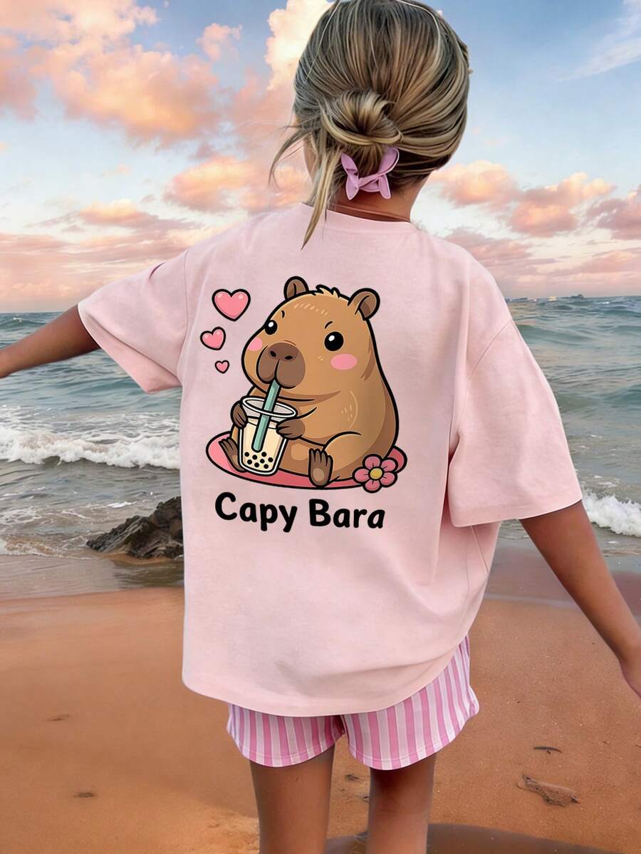 Tween Girls' Casual Pink Graphic Print Crew Neck Short Sleeve T-Shirt, Summer Top - Pink - View 1