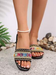 女士黑色绑带拖鞋，舒适家居拖鞋，适合夏季居家穿着，新款金色女士拖鞋，女士平底凉鞋，舒适拖鞋，时尚简约设计 - 黑色 - 查看 5