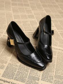 2025秋季女装时尚优雅尖头粗跟低帮鞋，百搭复古玛丽珍高跟鞋，欧美风格 - 黑色 - 查看 4